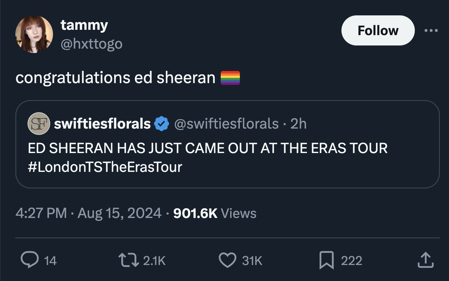 screenshot - tammy congratulations ed sheeran Sf swiftiesflorals 2h Ed Sheeran Has Just Came Out At The Eras Tour Views 14 31K 222